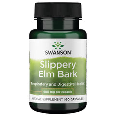 Swanson Slippery Elm Bark capsules close-up for throat comfort support.