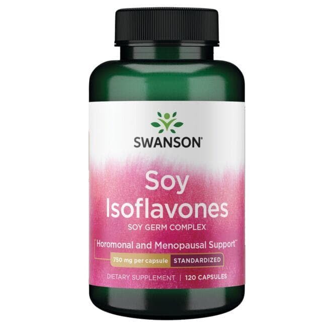 Swanson Soy Isoflavones bottle front displaying easy-to-swallow capsules for daily use.