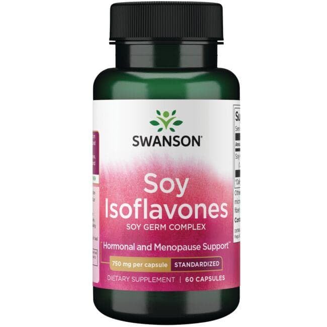 Swanson Soy Isoflavones capsules closeup highlighting easy-to-swallow design and menopause support