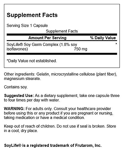 Swanson Soy Isoflavones label close-up highlighting the SoyLife complex potency.