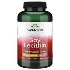 Swanson Soy Lecithin softgel bottle on shelf, convenient daily supplement.