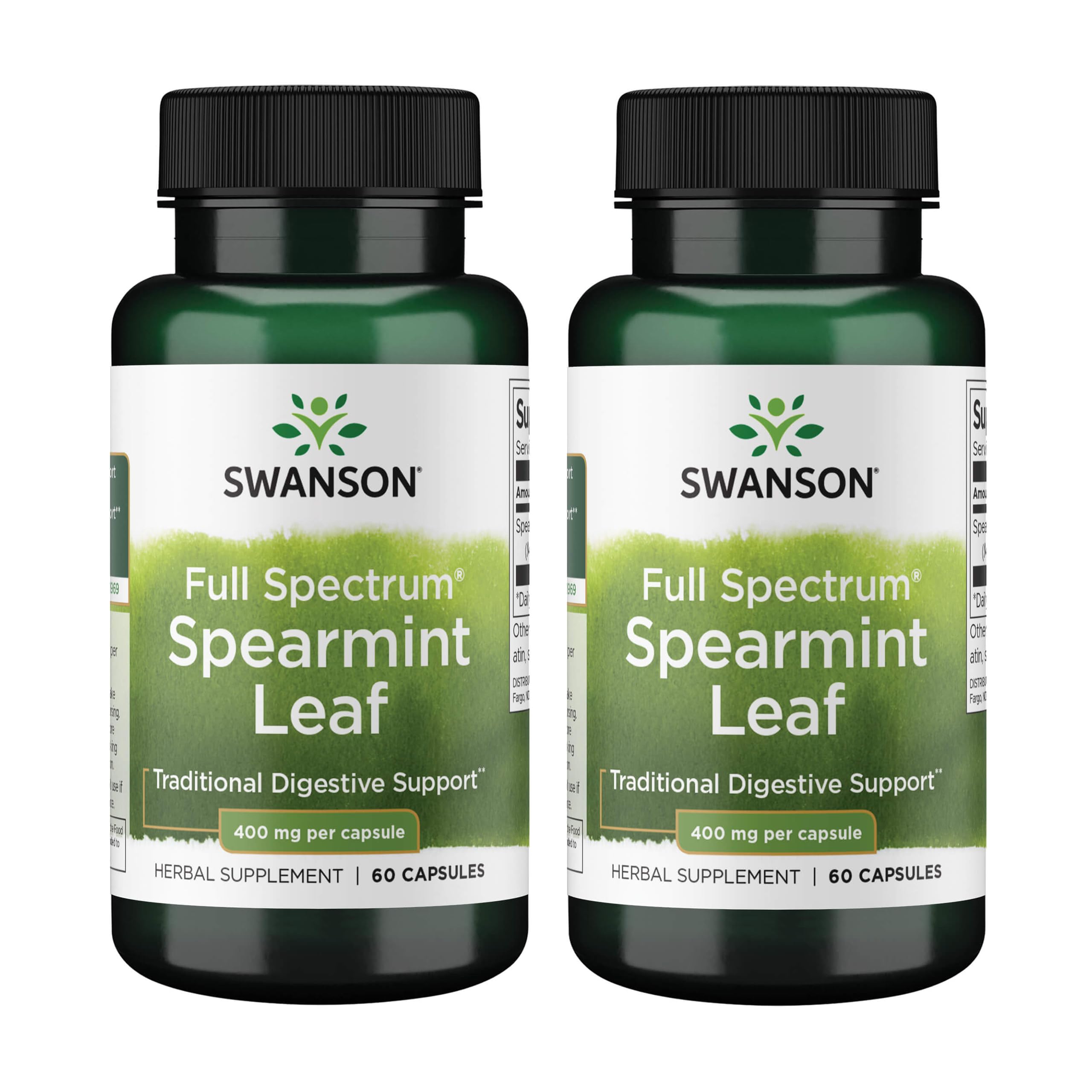 Swanson Spearmint Leaf bottle front showing 60 capsules for digestive wellness.