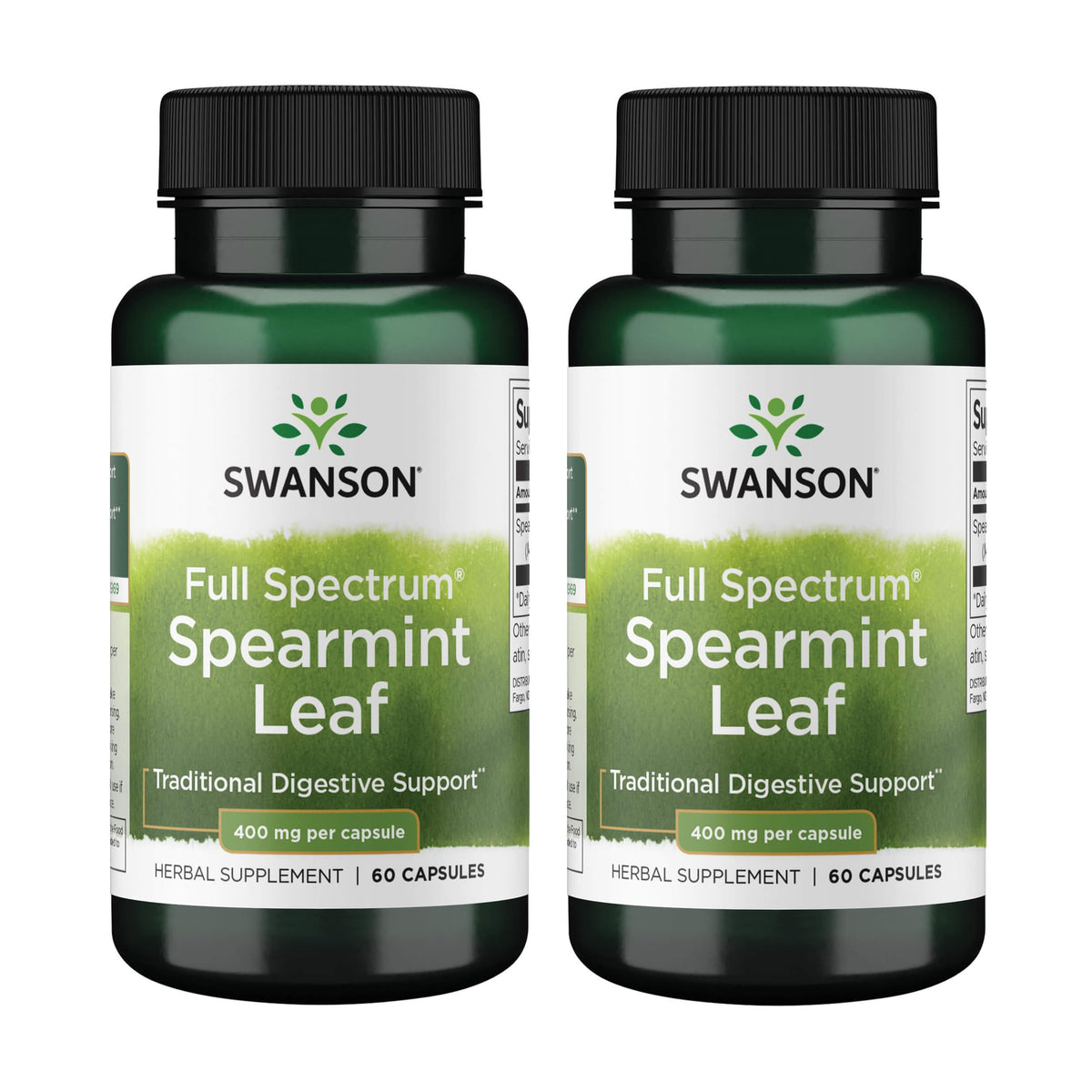 Swanson Spearmint Leaf bottle front showing 60 capsules for digestive wellness.