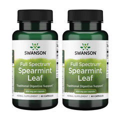 Swanson Spearmint Leaf bottle front showing 60 capsules for digestive wellness.