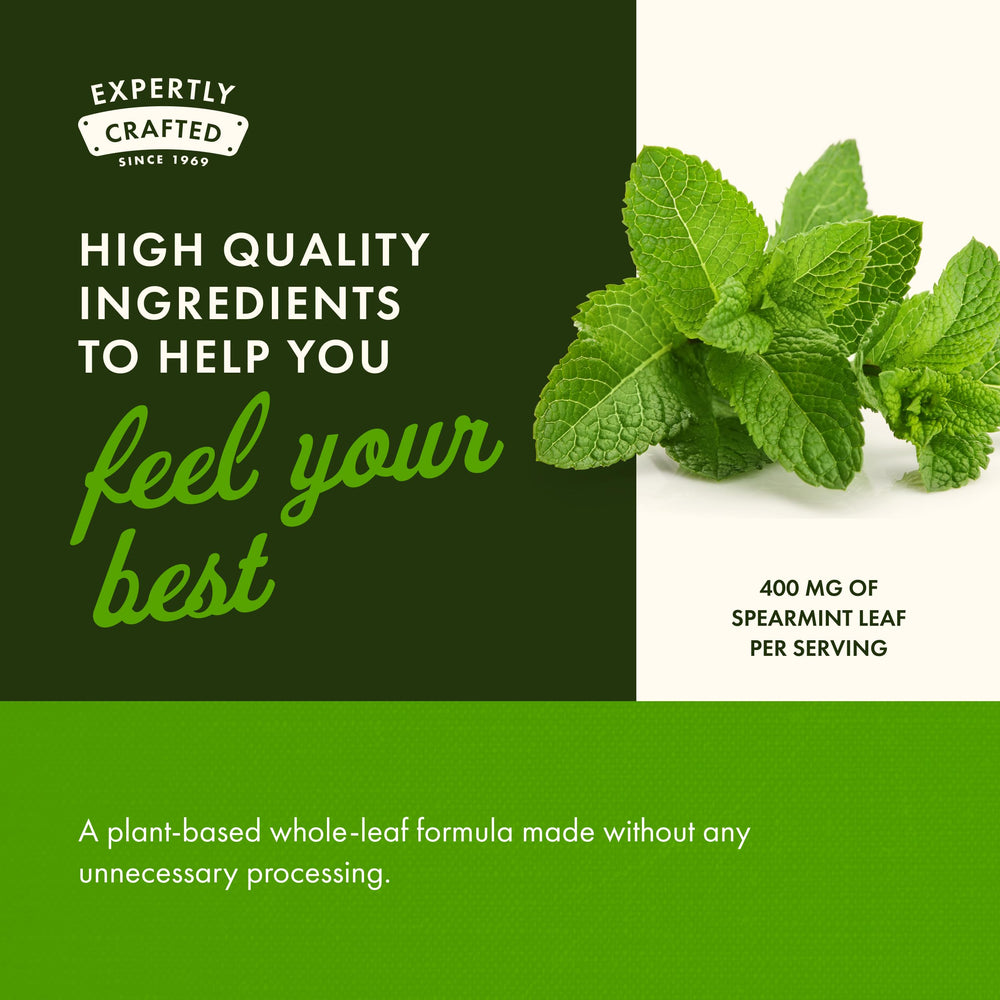 Swanson Spearmint Leaf full-spectrum ingredients infographic explains 400 mg per capsule.