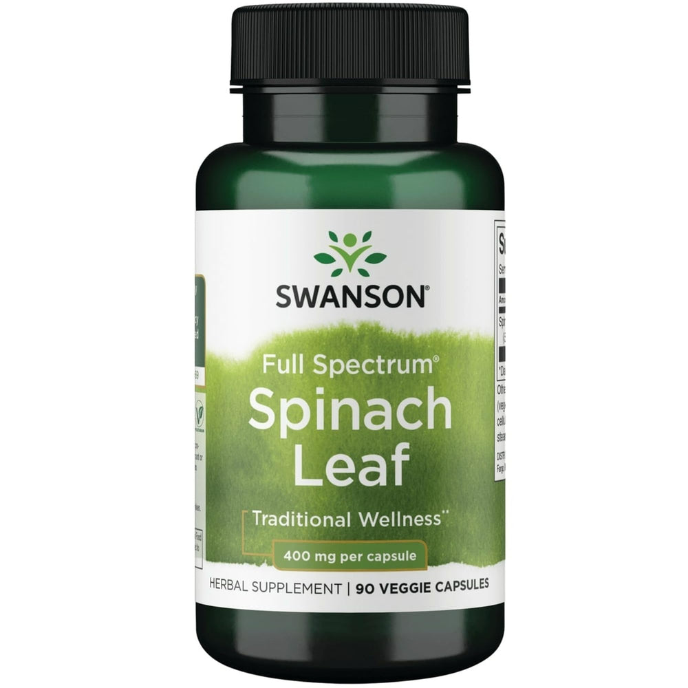 Swanson Spinach Leaf 400mg capsules bottle front highlighting vegan capsules.