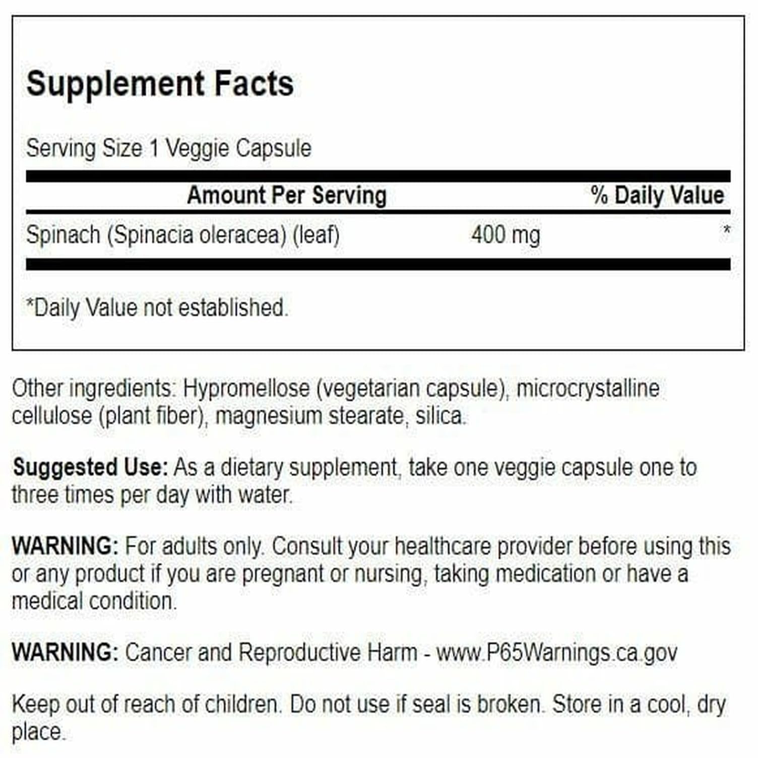 Swanson Spinach Leaf bottle side with label detail and dosage info.