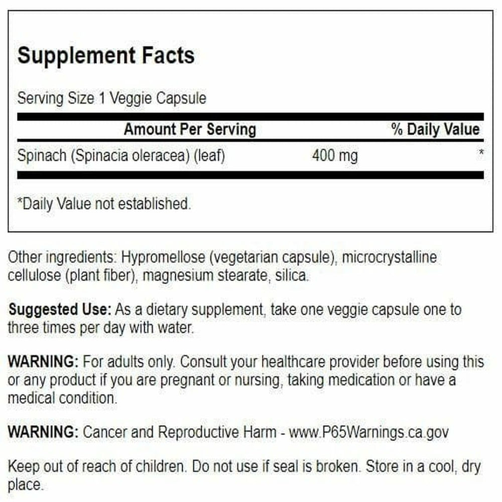 Swanson Spinach Leaf bottle side with label detail and dosage info.