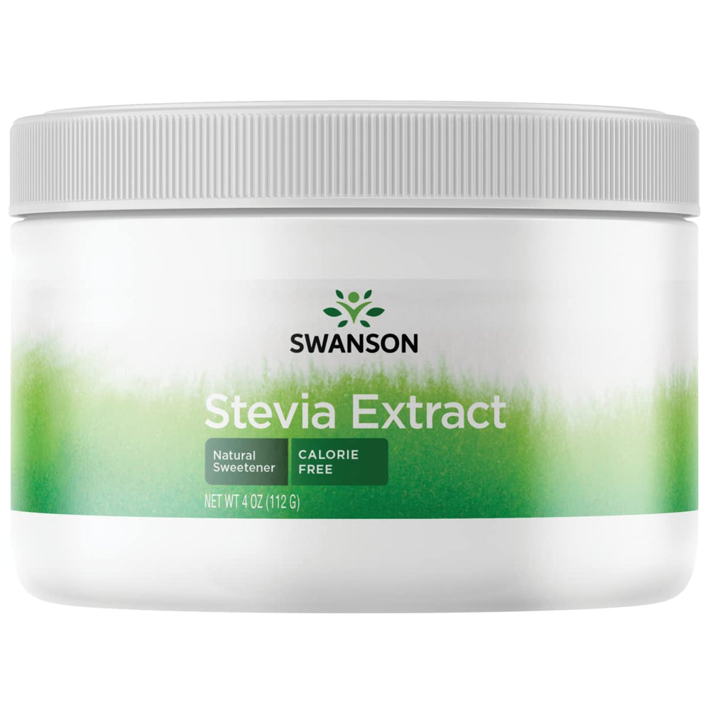 Swanson Stevia Ext Powder Calorie Free 4 oz jar adds zero-calorie sweetness to beverages.
