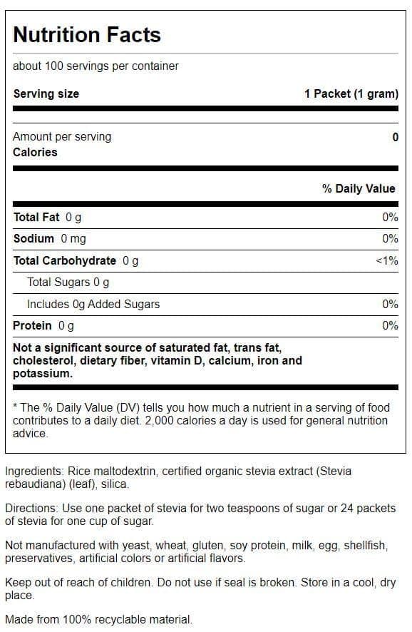 Close-up of Swanson stevia packet packaging highlighting plant-based sweetness.