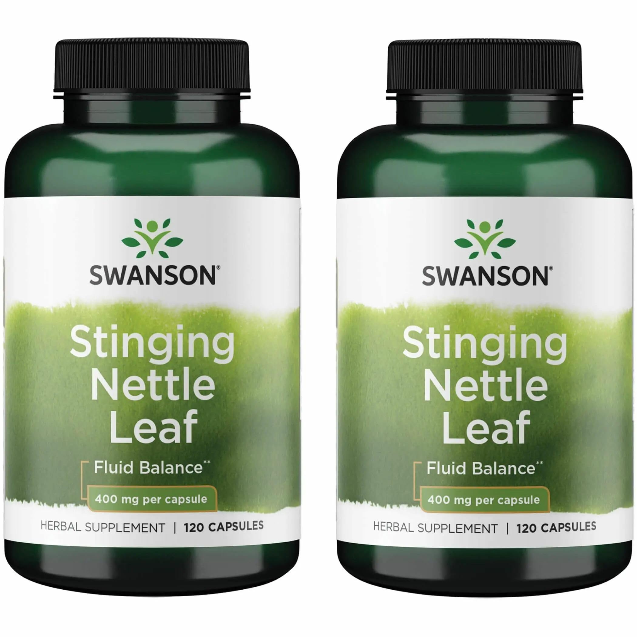 Swanson Stinging Nettle Leaf capsules bottle highlights daily urinary and respiratory support potential.