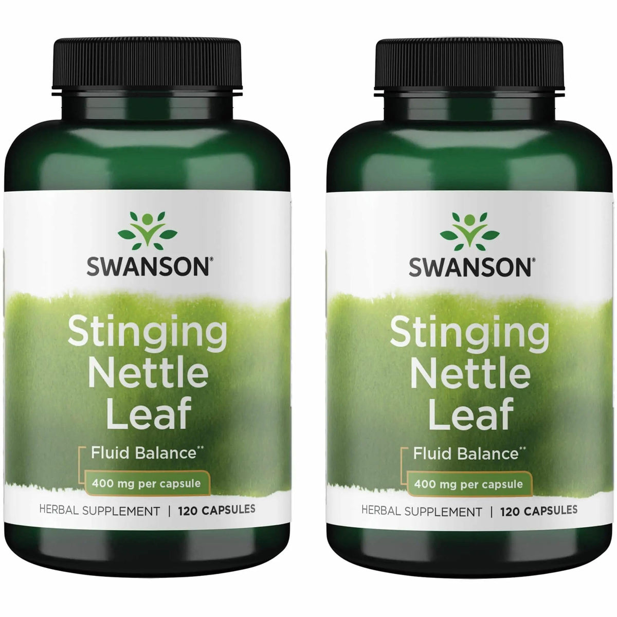 Swanson Stinging Nettle Leaf capsules bottle highlights daily urinary and respiratory support potential.