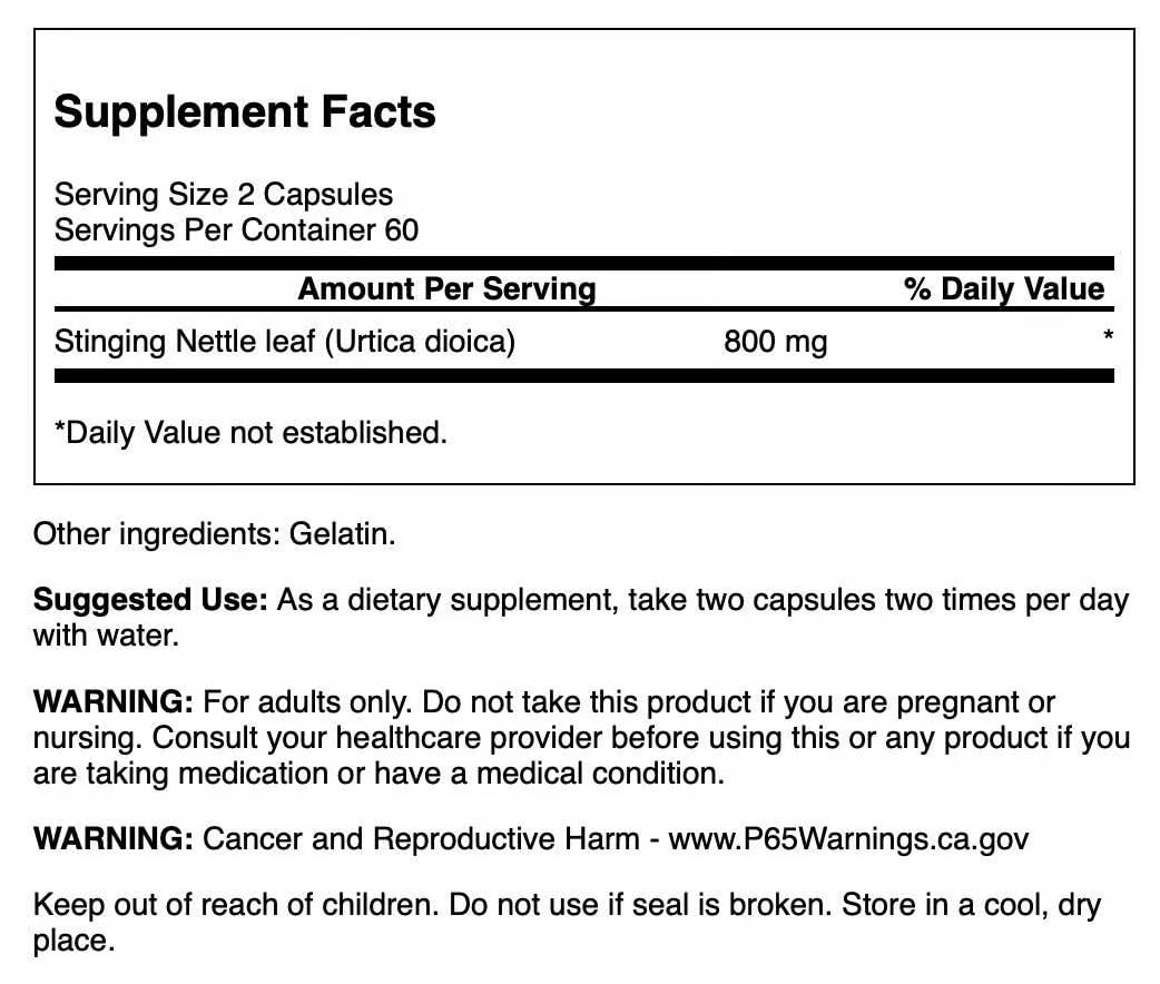Swanson Stinging Nettle Leaf capsules close-up showing an easy-to-swallow daily format.