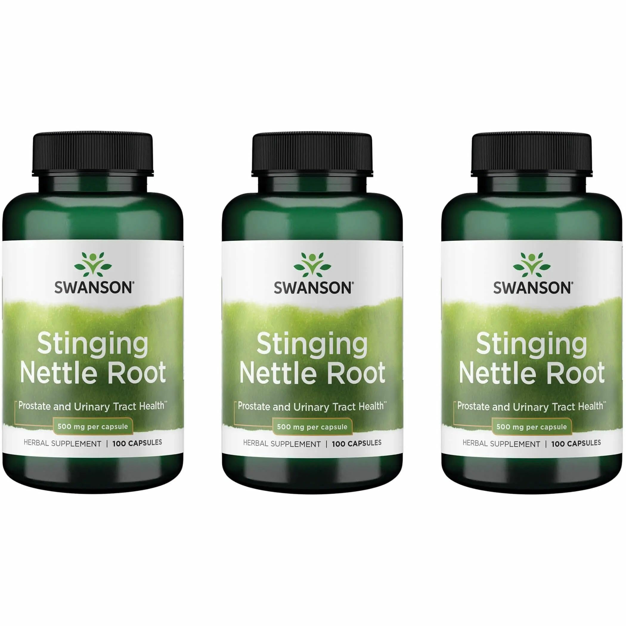 Swanson Stinging Nettle Root capsules 500mg in bottle for daily wellness.