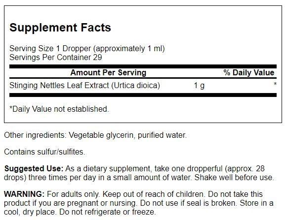 Swanson Stinging Nettles Liquid Extract dropper close-up, precise dosing in use.