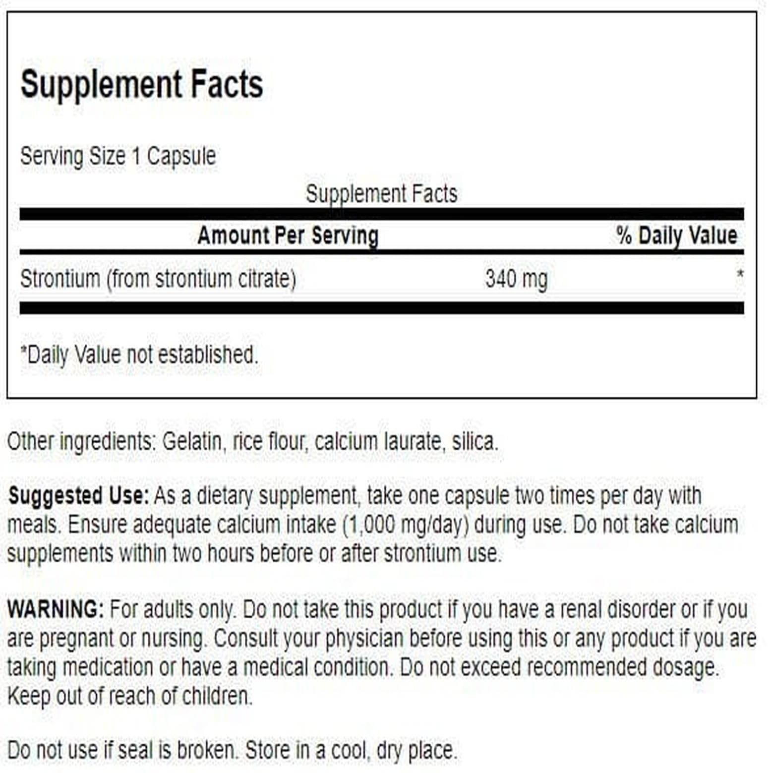 Swanson Strontium Citrate 340 mg label highlighting science-driven formulation for daily use