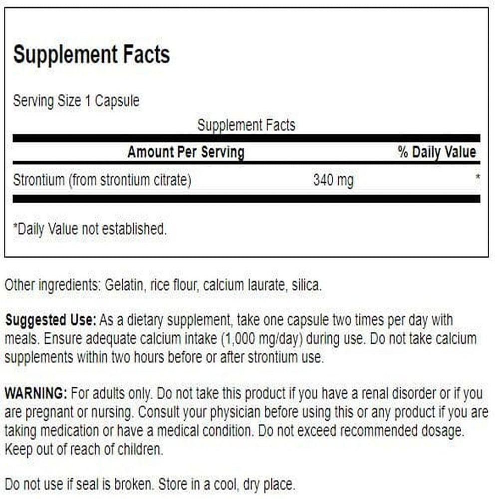 Swanson Strontium Citrate 340 mg label highlighting science-driven formulation for daily use