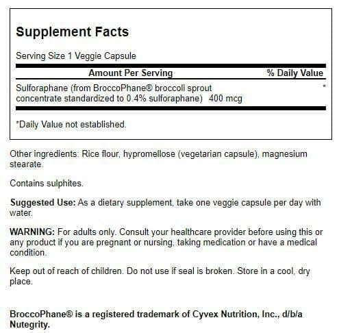 Swanson Sulforaphane capsules closeup showing easy-to-swallow veggie capsules