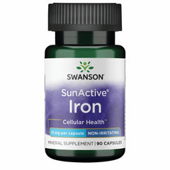 Swanson Sunactive iron bottle-front highlighting gentle, high-absorption formula for daily wellness
