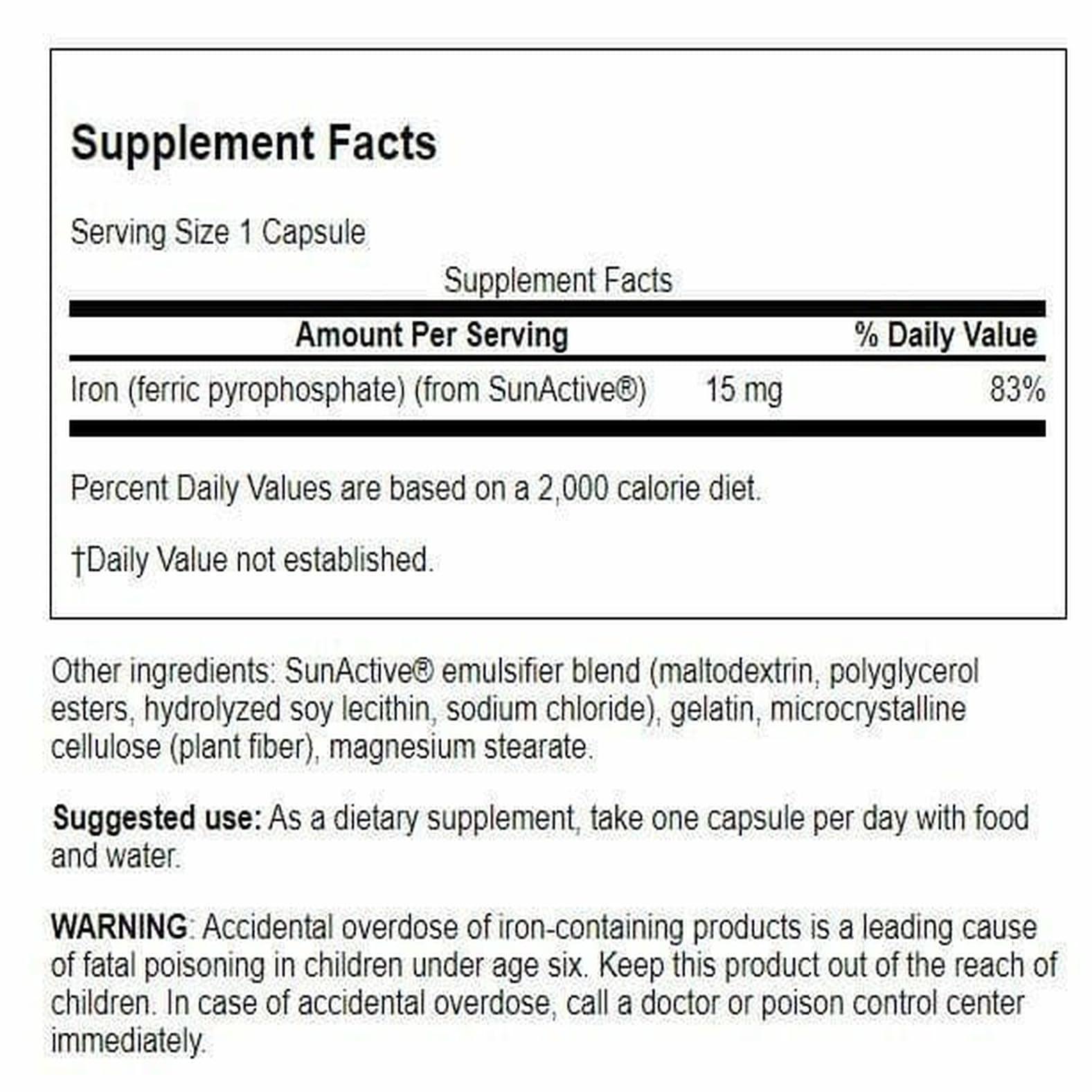 Swanson Sunactive iron capsules close-up showing smooth texture for gentle digestion