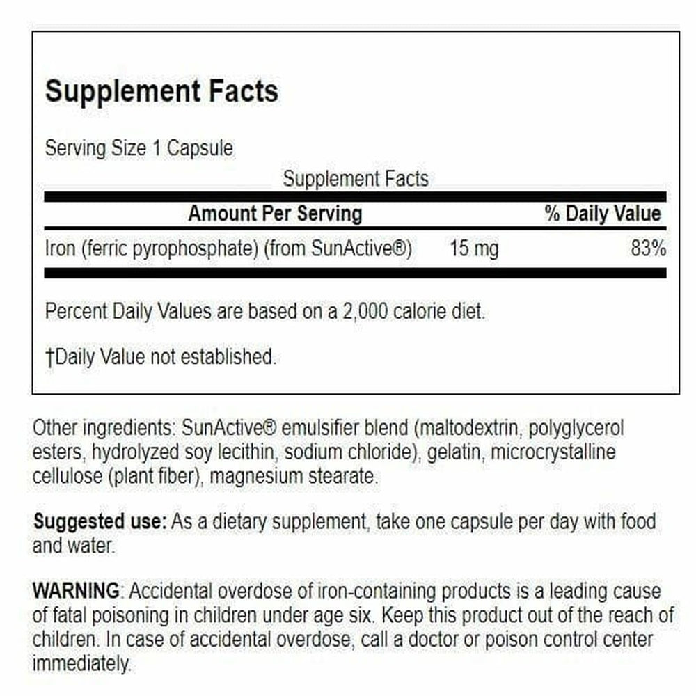 Swanson Sunactive iron capsules close-up showing smooth texture for gentle digestion
