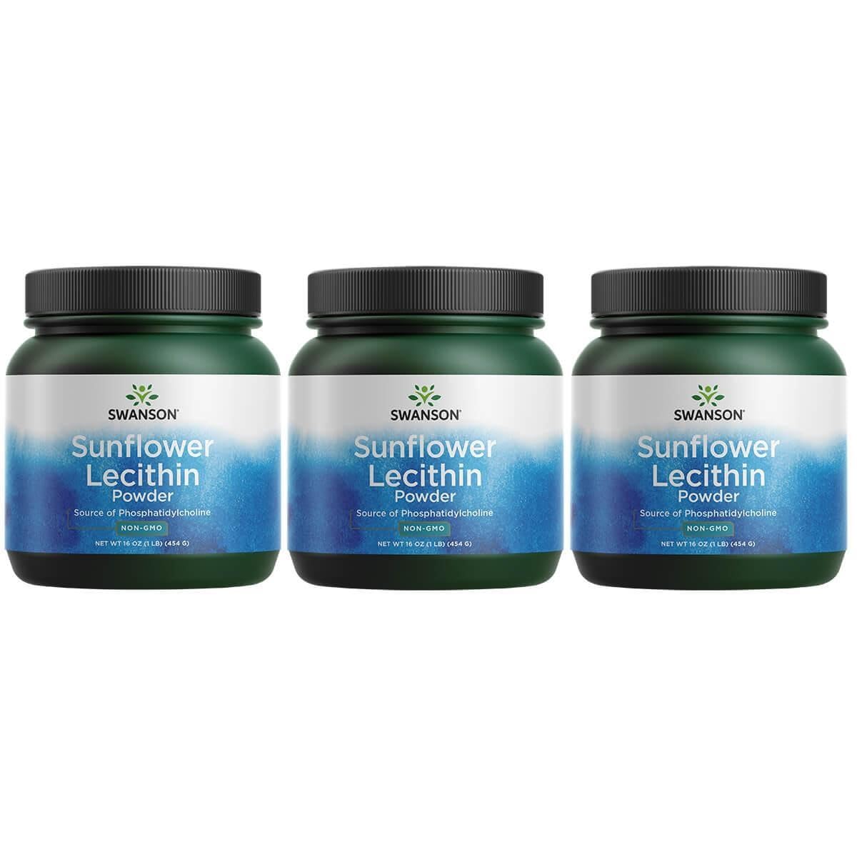 Swanson sunflower lecithin powder packaging shows a convenient 3-pack for daily use.