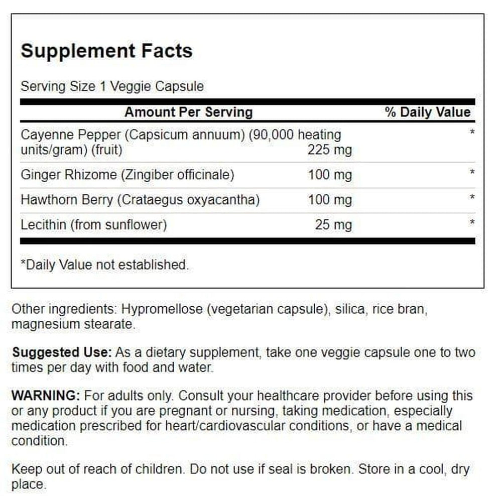Swanson Super Cayenne bottle label highlights 225 mg cayenne and companions.