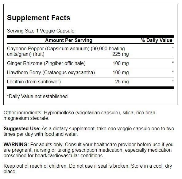 Swanson Super Cayenne capsules closeup shows vegetarian formula for heart-friendly daily use