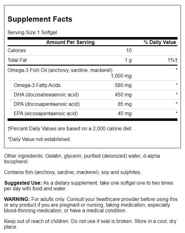 Swanson Super DPA Fish Oil capsules close-up, easy-to-swallow