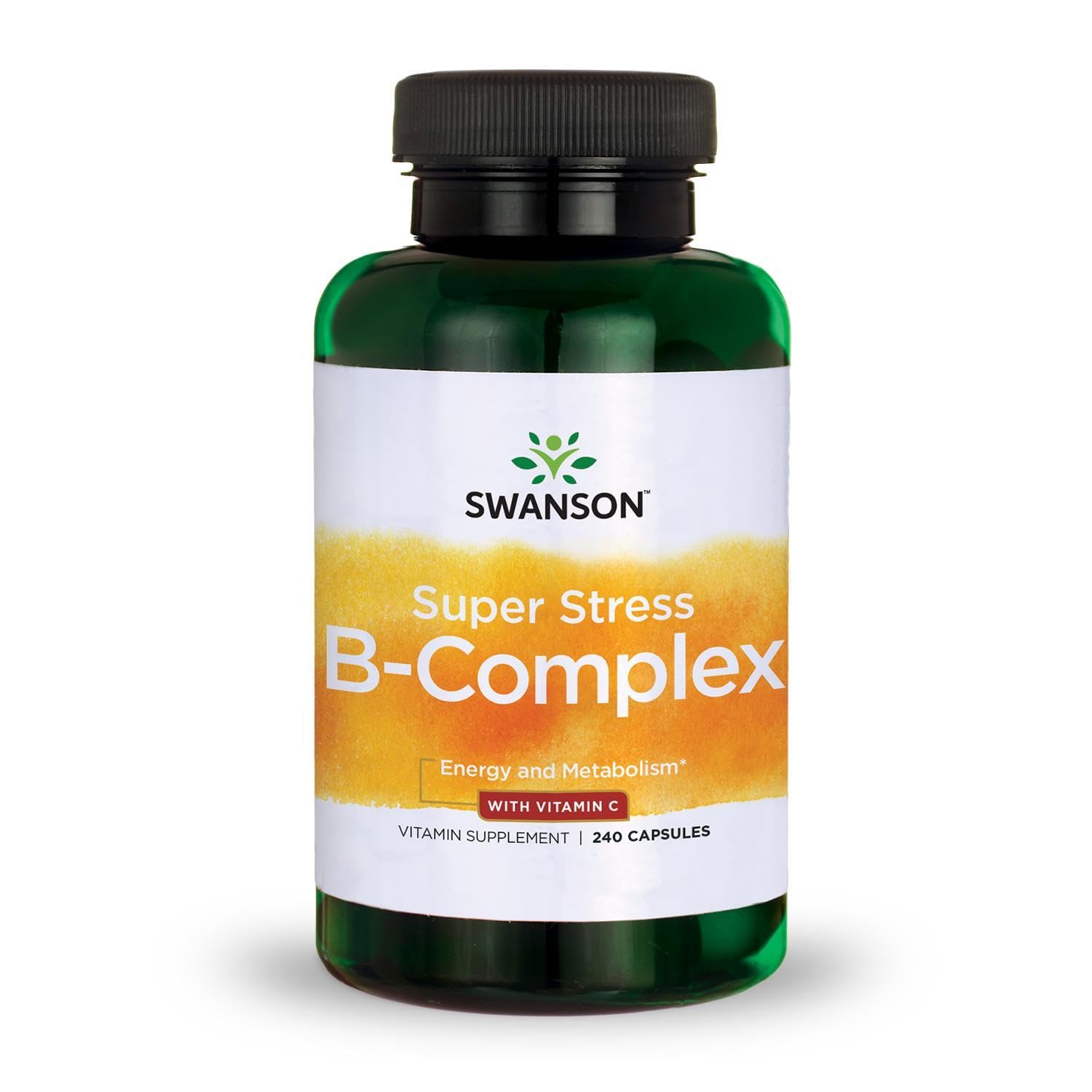 Swanson Super Stress B-Complex bottle closeup showing the 240 capsules for daily energy support.
