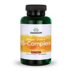 Swanson Super Stress B-Complex bottle closeup showing the 240 capsules for daily energy support.