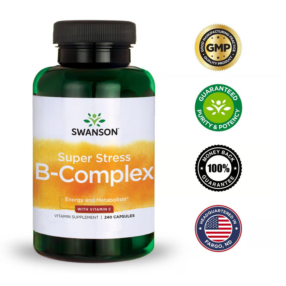 Swanson Super Stress B-Complex on an office desk for focus and energy