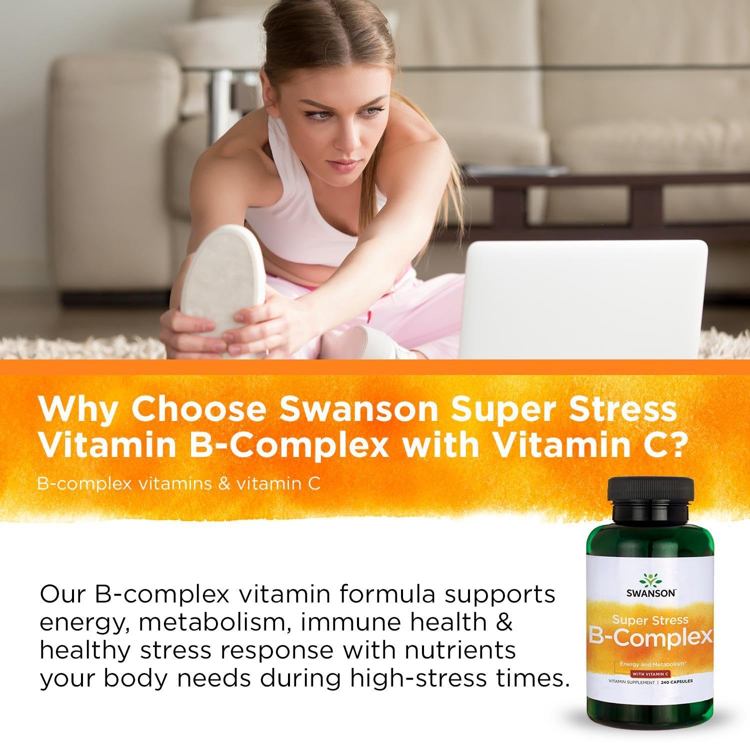 Swanson Super Stress B-Complex on a clean kitchen counter ready for daily routine.