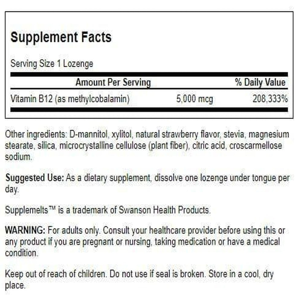 Swanson Supplemelts sublingual B-12 tablets closeup highlights convenient daily use.