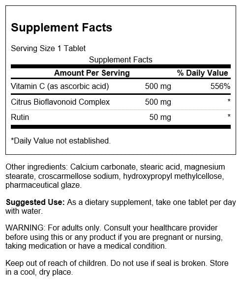 Swanson Supreme Vitamin C Complex 250 Tabs label, highlights 1:1 vitamin C and citrus bioflavonoids.