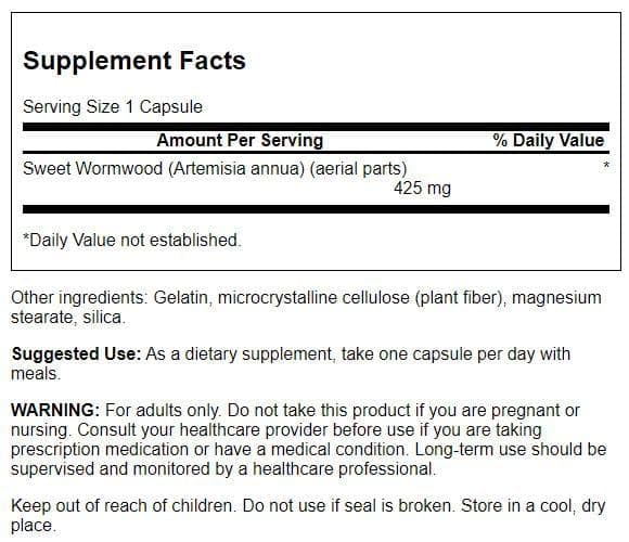Swanson Sweet Wormwood back label with daily use directions and safety notes