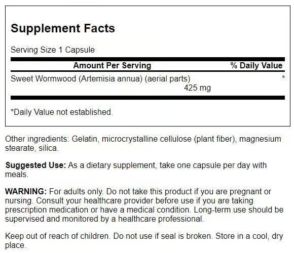 Swanson Sweet Wormwood capsules closeup showing 425 mg potency for daily use.