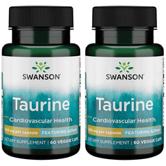 Swanson Taurine capsules package showing 500 mg per capsule for heart and nervous system support.