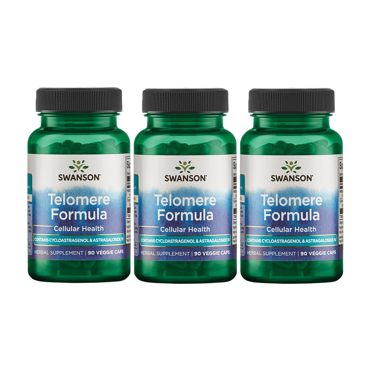 Swanson Telomere Formula bottle front, science-backed cellular health support.