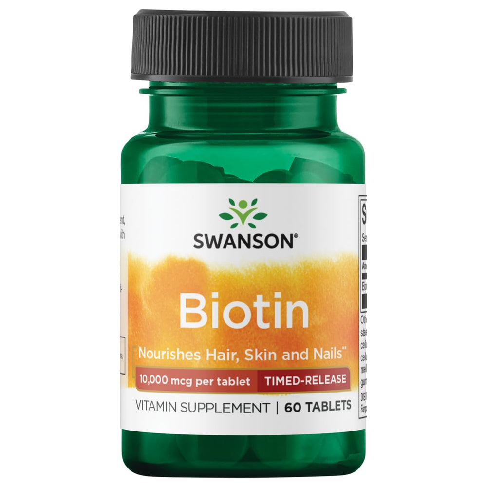 Swanson Timed-Release Biotin bottle shows controlled potency for daily use.