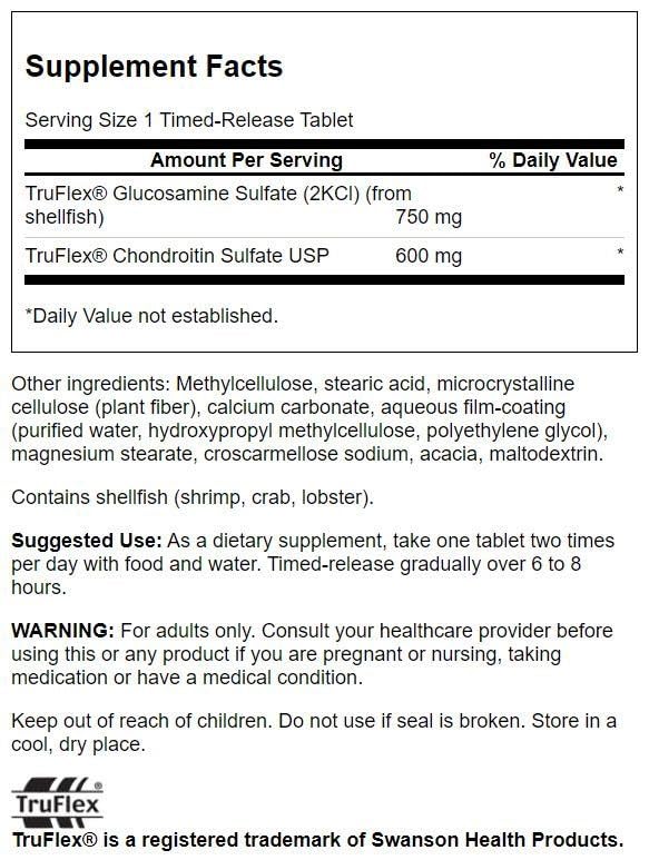 Swanson Timed-Release glucosamine and chondroitin tablets pack highlighting cartilage protection