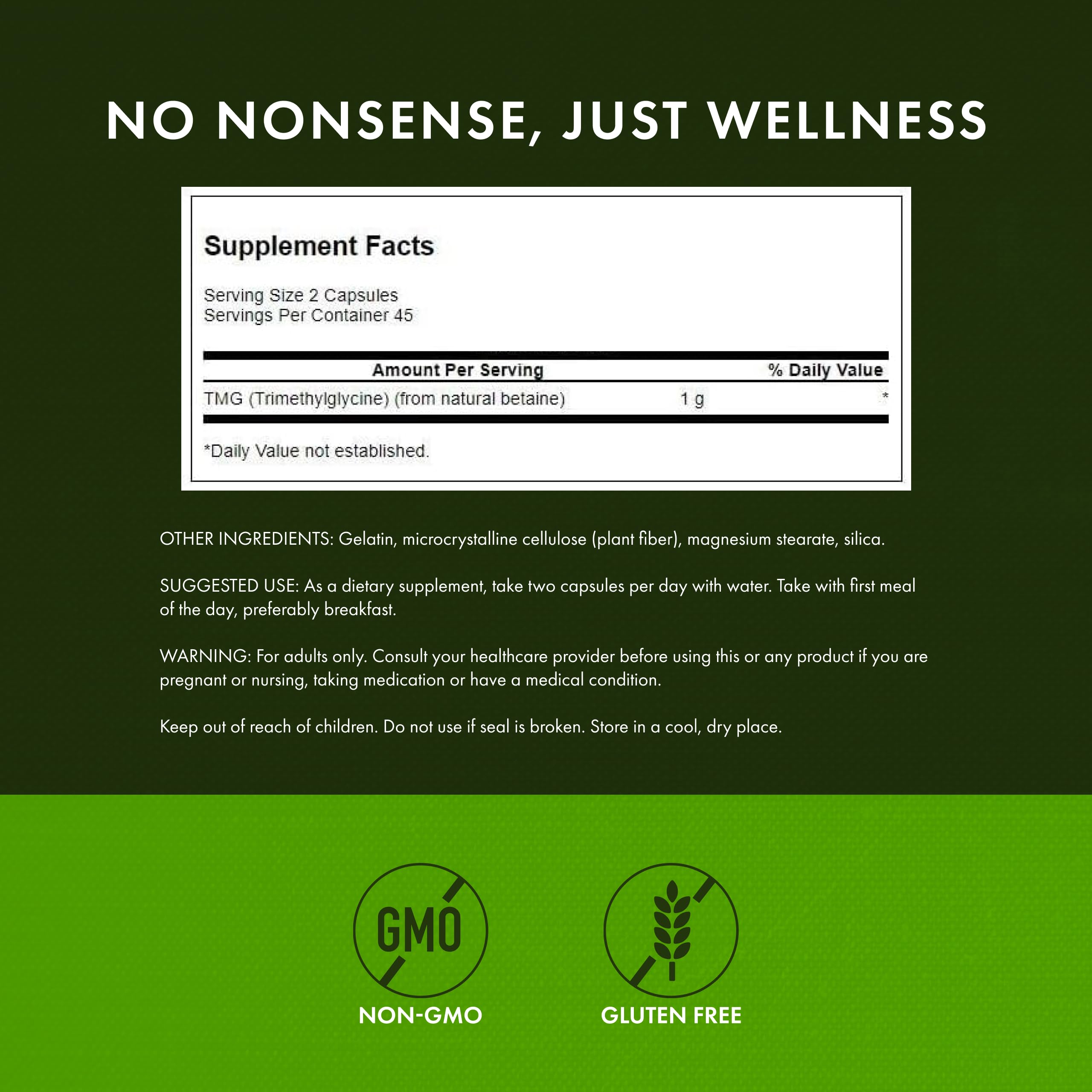 Close-up of Swanson TMG label highlighting purity.