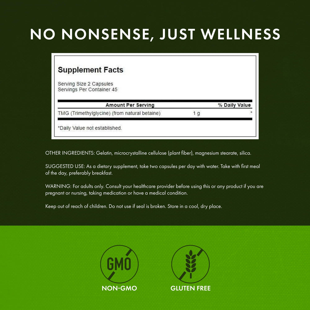 Close-up of Swanson TMG label highlighting purity.