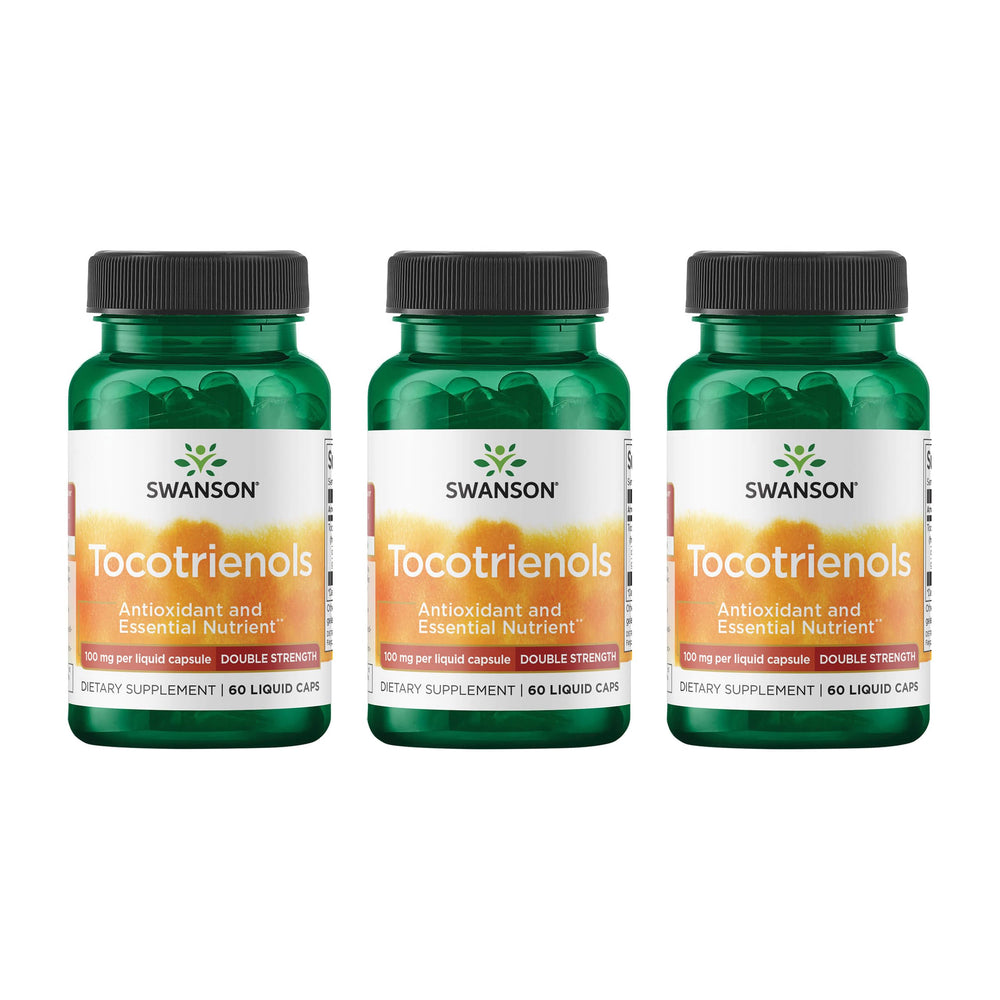 Swanson tocotrienols double-strength bottle close-up showing 100 mg capsules for antioxidant support