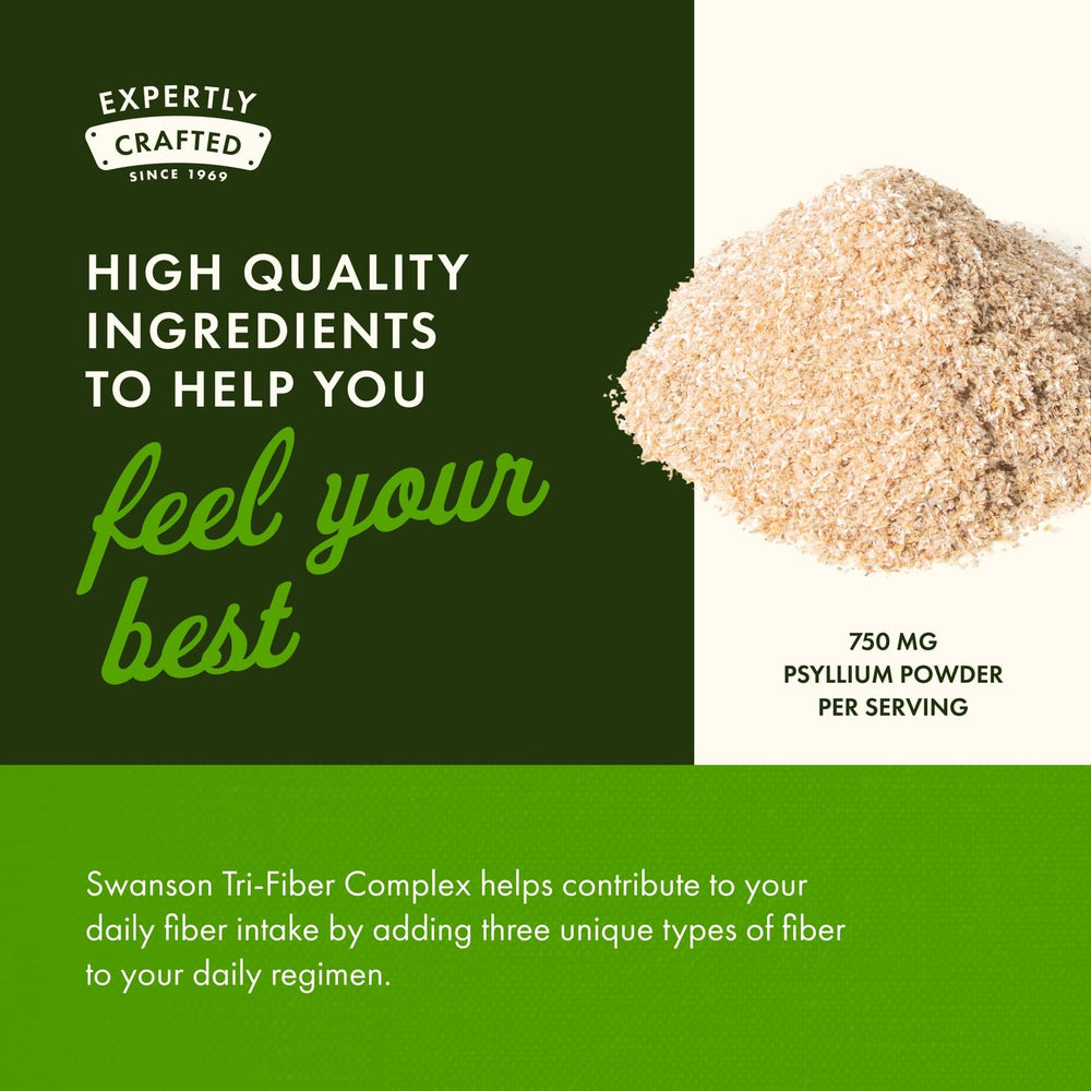 Swanson Tri-Fiber Complex oats bran image highlights soluble fiber benefits