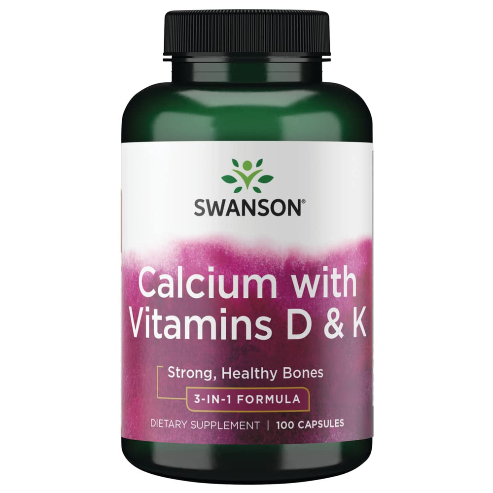 Swanson Tricalcium Complex bottle closeup showing the D and K enriched formula for daily bone support.