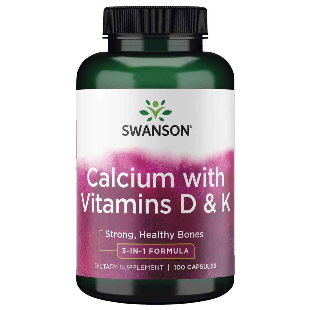 Swanson Tricalcium Complex bottle closeup showing the D and K enriched formula for daily bone support.