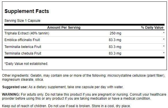 Swanson Triphala capsules close-up showing herbal cleansing-friendly formulation