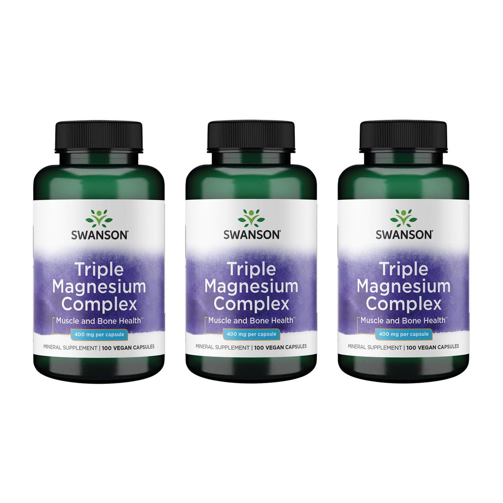 Swanson Triple Magnesium Complex bottle label highlighting comprehensive mineral support.