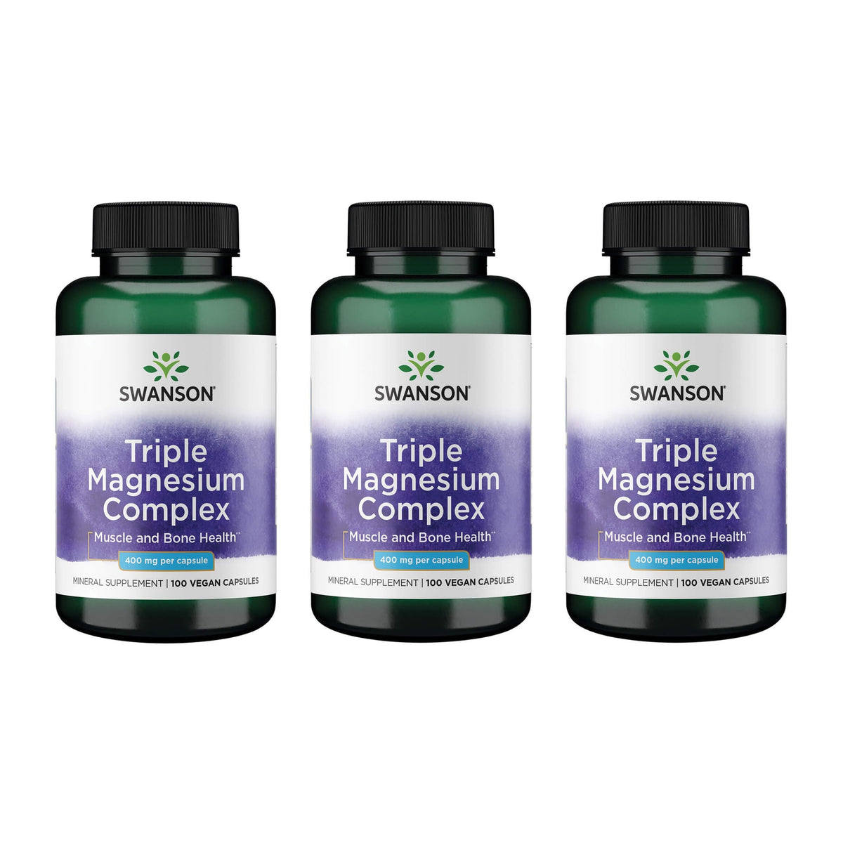 Swanson Triple Magnesium Complex bottle label highlighting comprehensive mineral support.